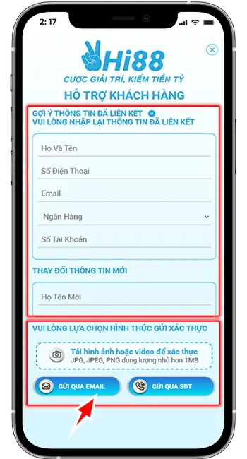Bước 5: Điền chính xác thông tin liên kết → Tải hình ảnh/video để xác thực → Chọn phương thức xác thực SĐT hoặc Gmail